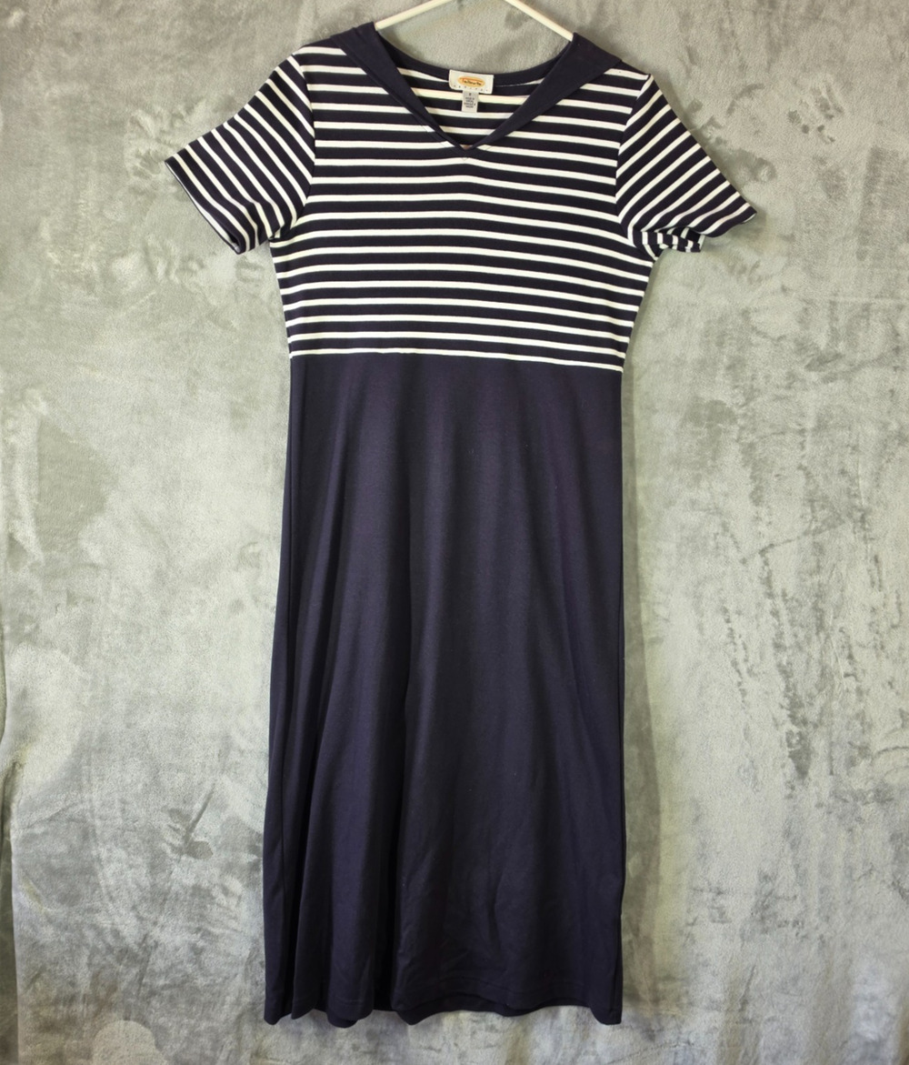Talbots Petites Womens Small Navy White Striped Hooded Maxi Dress Cotton